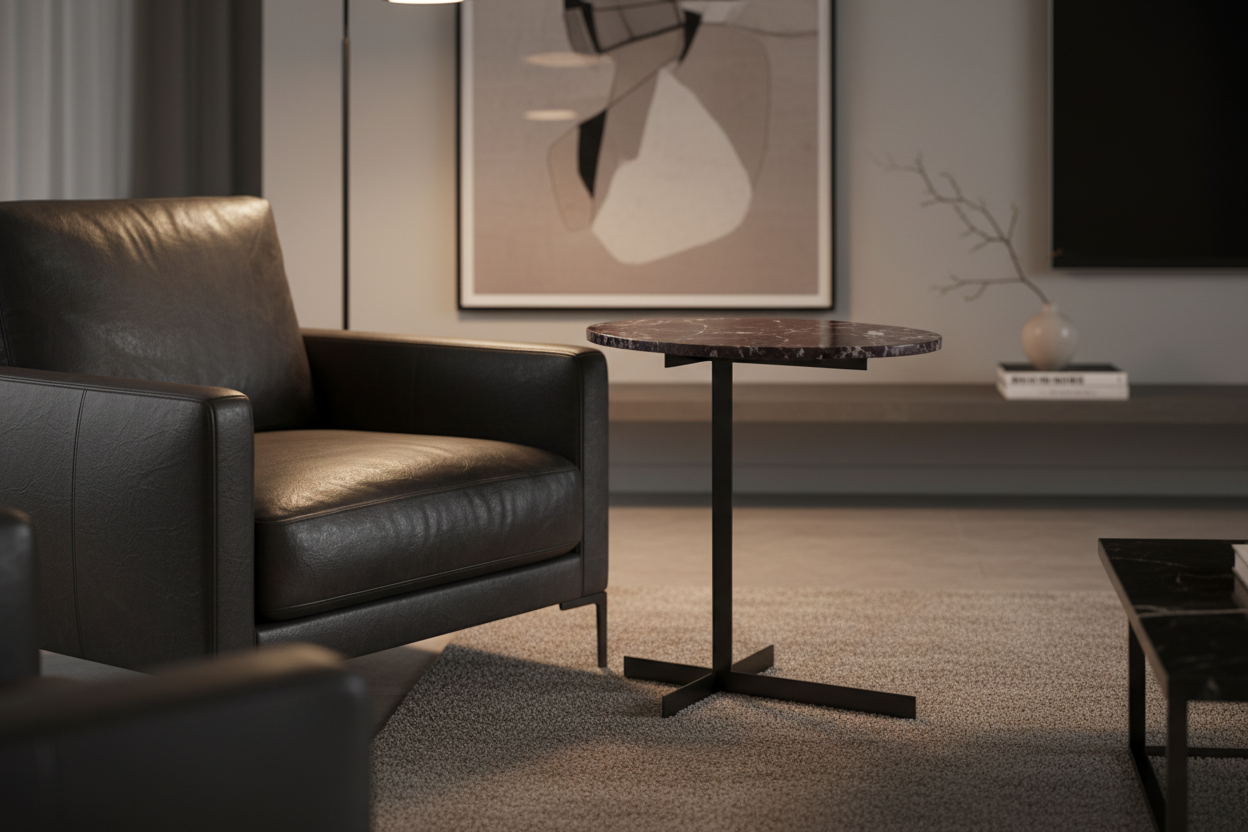 Crux Side Table in a sophisticated modern living room beside a leather armchair