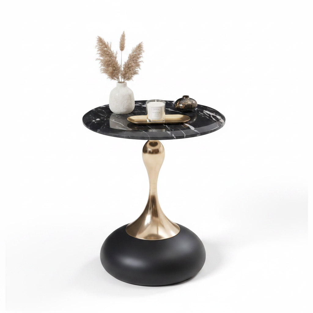 Auris Side Table styled with pampas grass vase, gold tray and candle