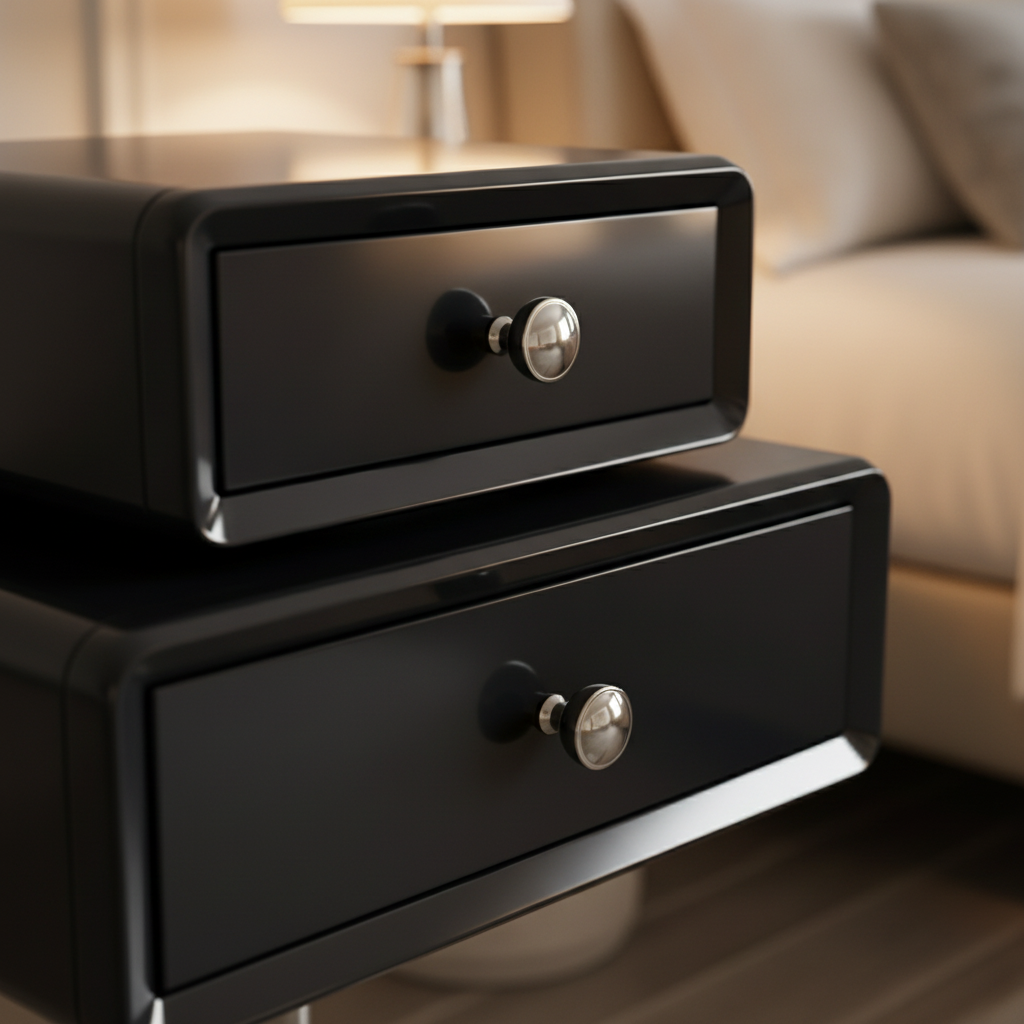 Close-up of glossy black lacquer surface and silver knob handle on Fusto Side Table