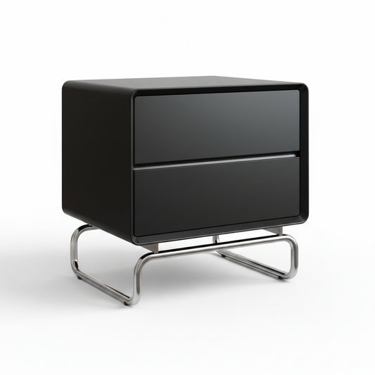Glossy black two-drawer handleless bedside table on polished chrome sled base, front view on white background