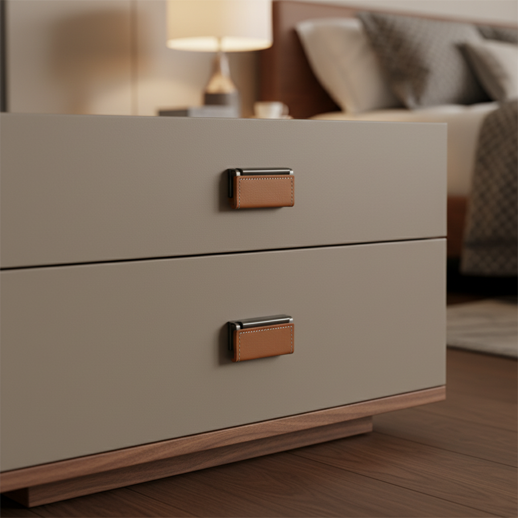 Close-up of greige matte drawer front with cognac leather pull tab handle and walnut plinth base on Linguetta Bedside Table