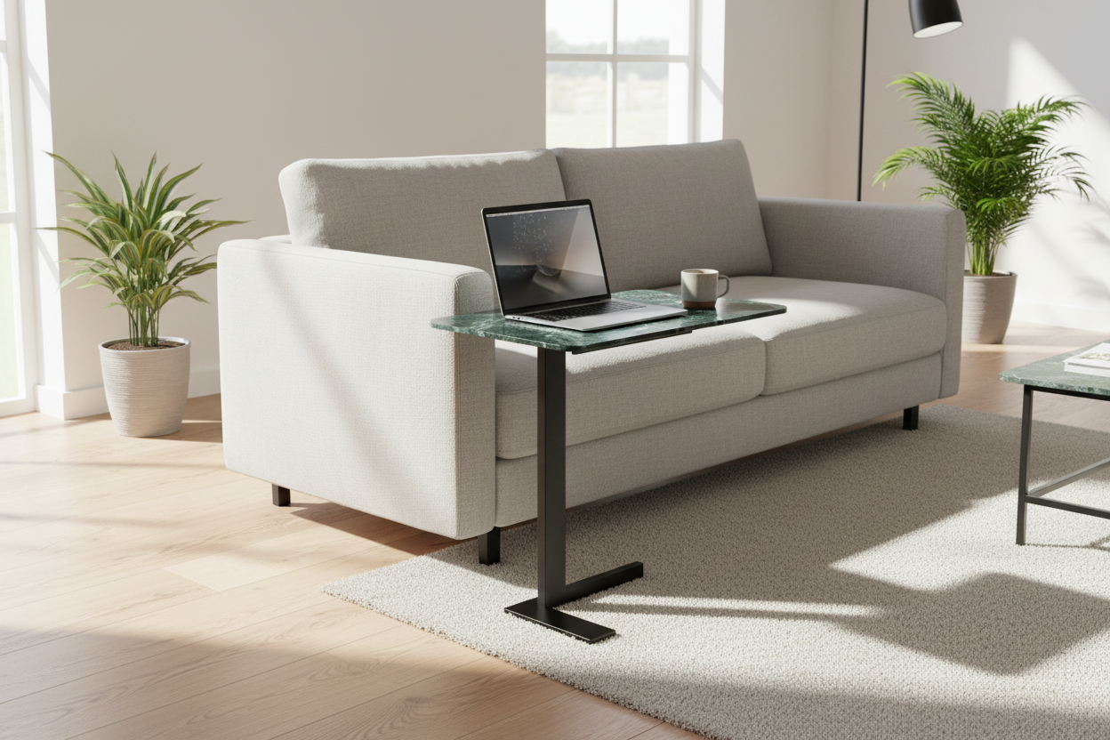 Latus Laptop Table beside a linen sofa in a bright modern living room with laptop open