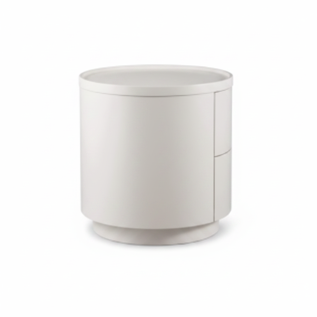 Side view of warm white matte cylindrical bedside table with flush handleless drawers and round disc base