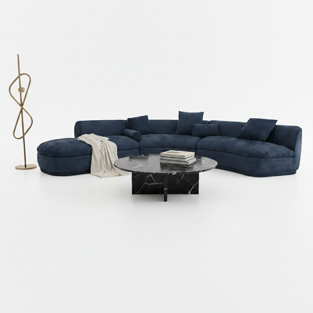Arcus curved modular sectional sofa — styled with accessories