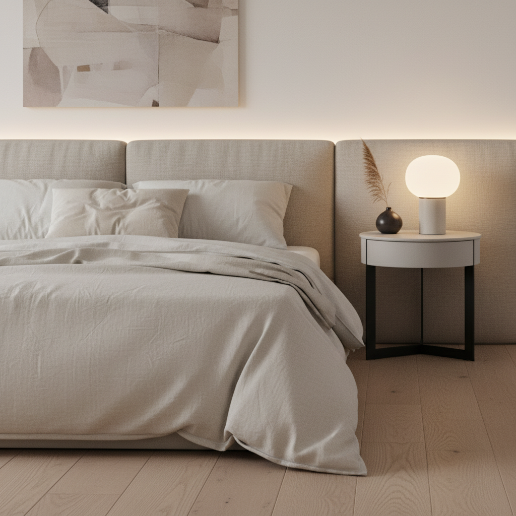 Light grey matte cylindrical bedside table on black X-cross base styled in a luxury modern bedroom