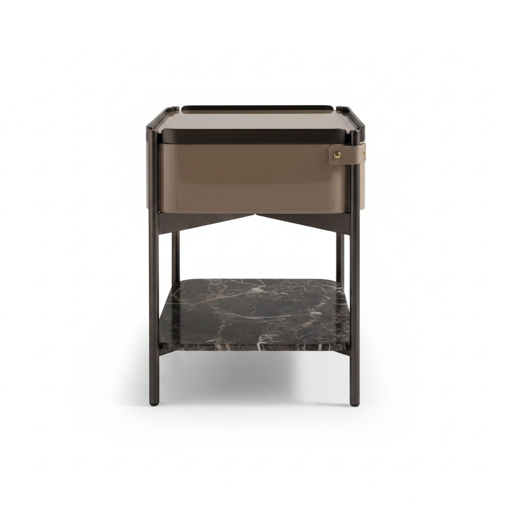 Side view of gunmetal dark bronze frame bedside table with smoked glass drawer and marble shelf