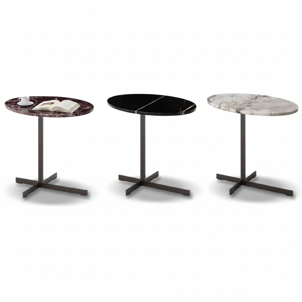 Crux Side Table all three finishes: burgundy marble, black glass, white marble