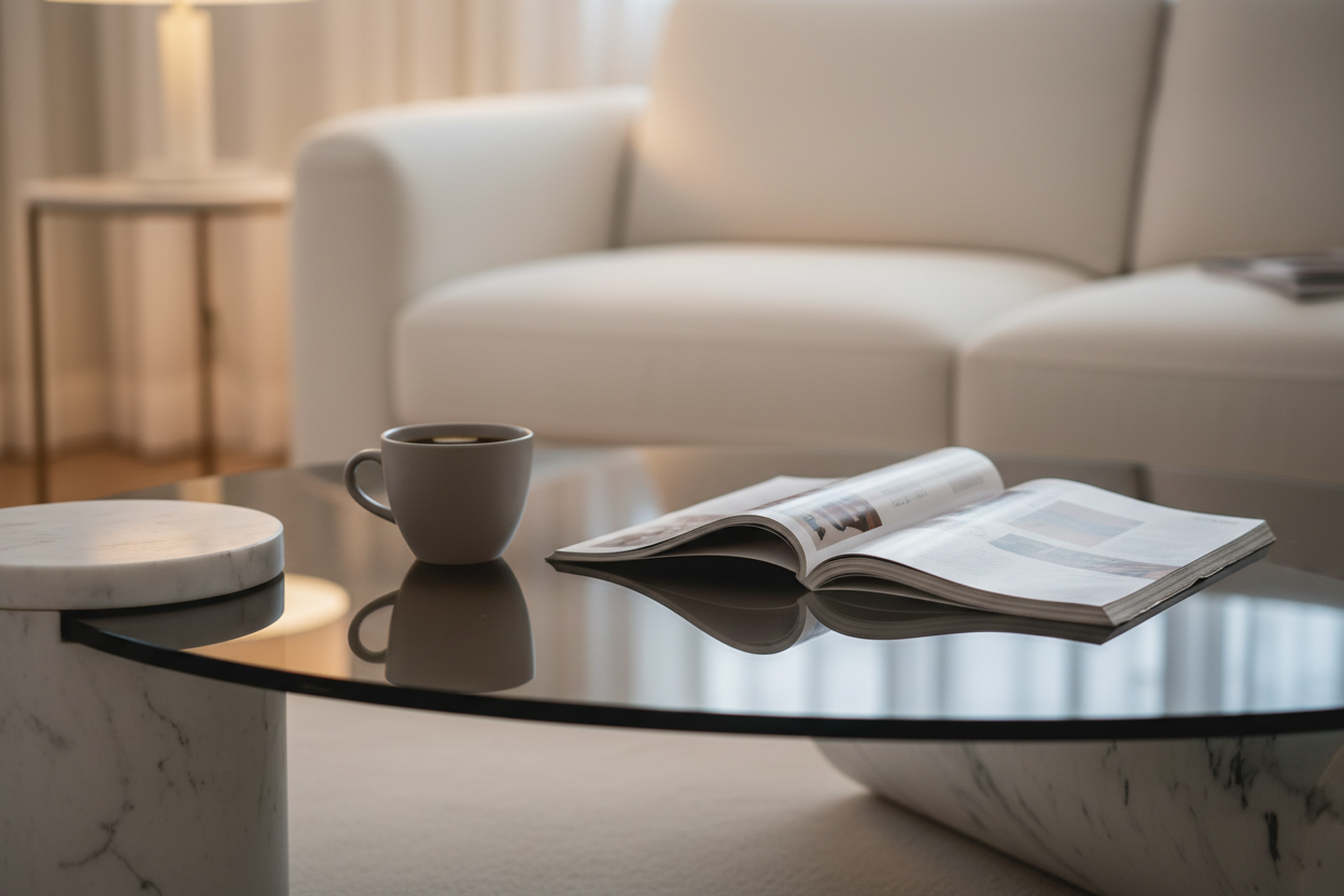 Cylindo Oval Glass and Marble Coffee Table close-up lifestyle shot
