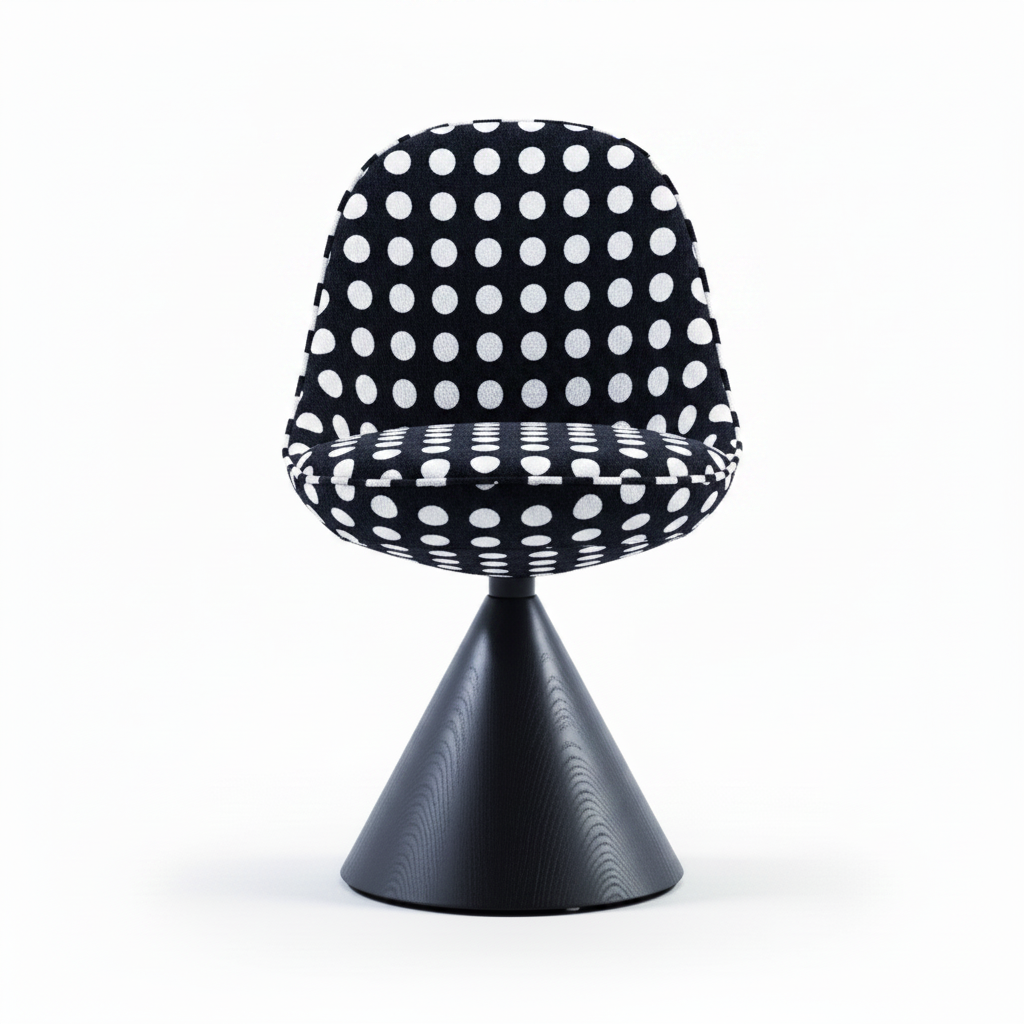 Side profile view of the Pois Accent Chair showing the shell seat curve and black cone pedestal base