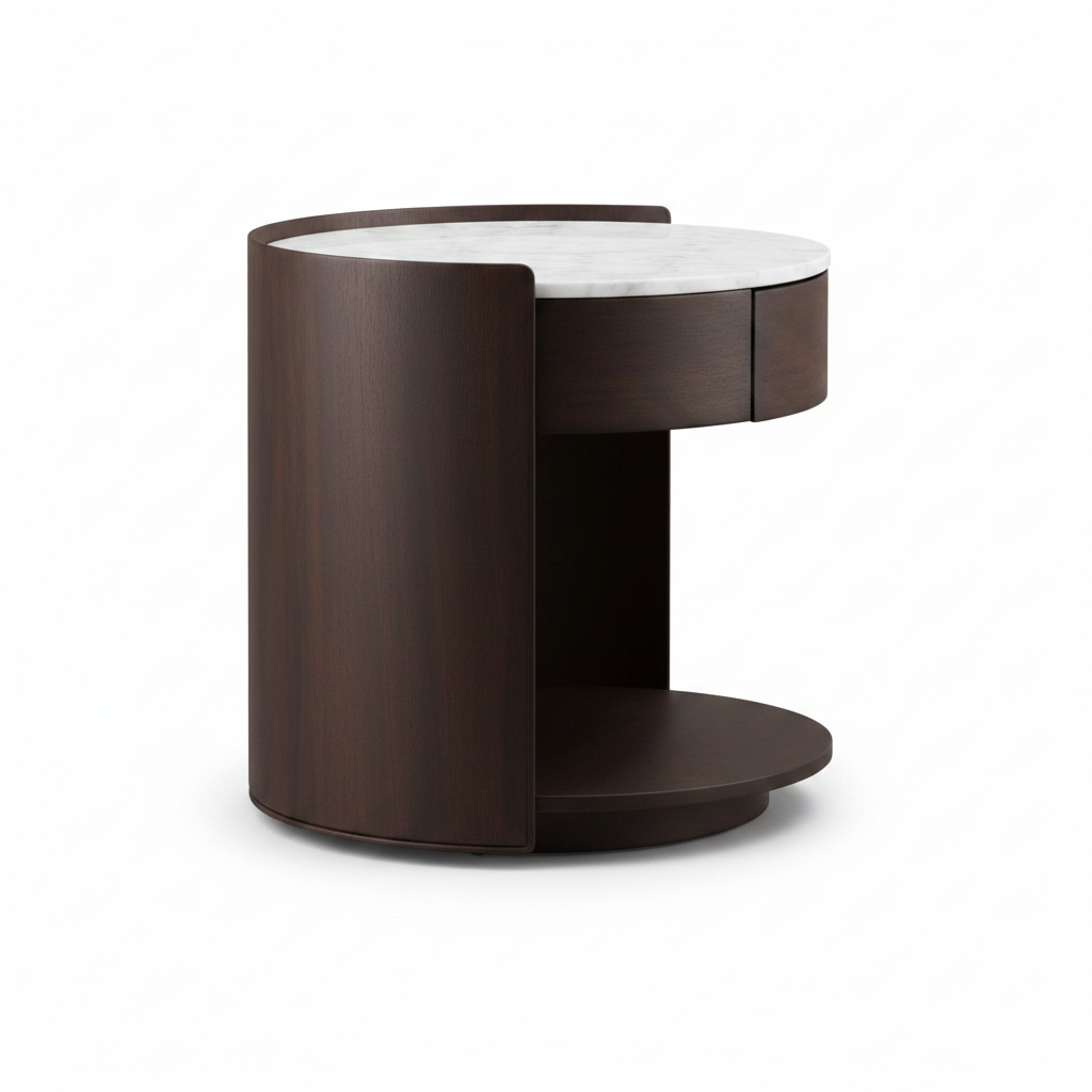 Side view of round cylindrical bedside table with marble top, drawer and open shelf