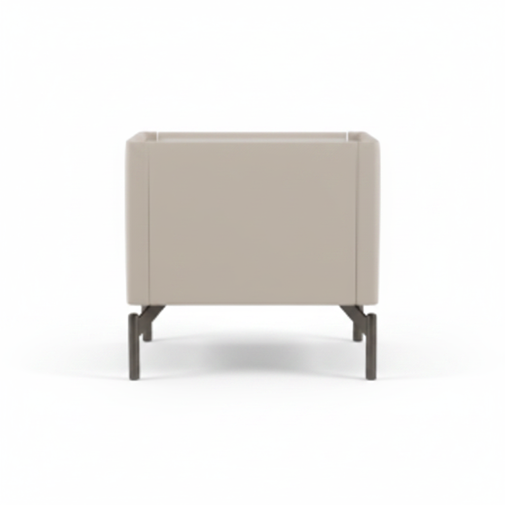 Back view of cream leather upholstered bedside table on dark gunmetal metal legs