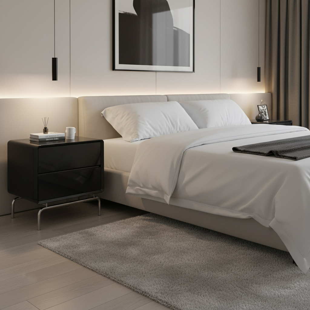 Glossy black handleless bedside table on chrome sled base styled in a luxury modern bedroom