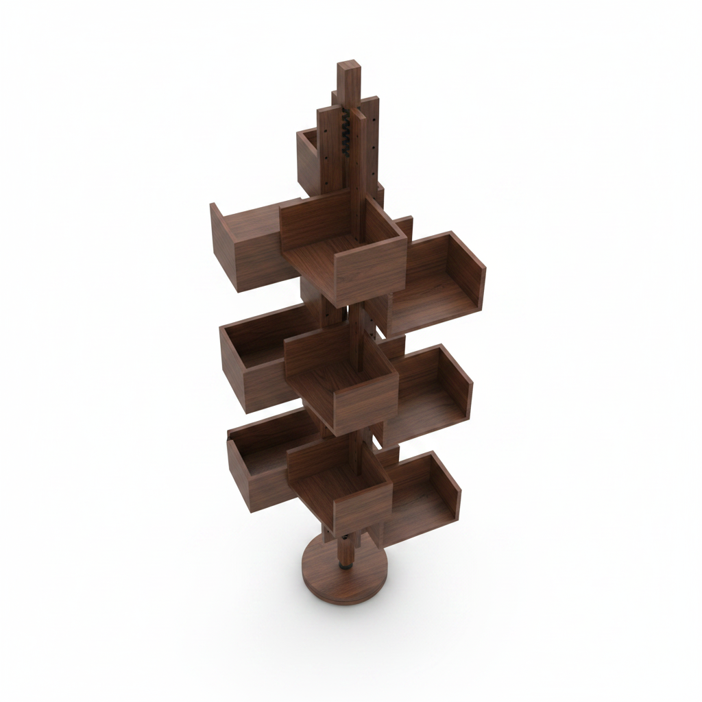 Arbor Rotating Bookshelf top-down view showing radiating compartment arrangement