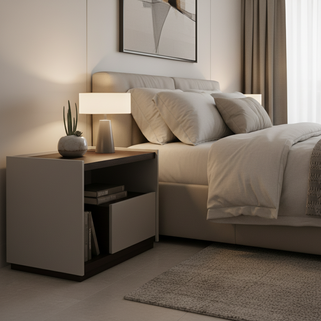Light grey greige matte two-tone bedside table styled in a luxury modern bedroom