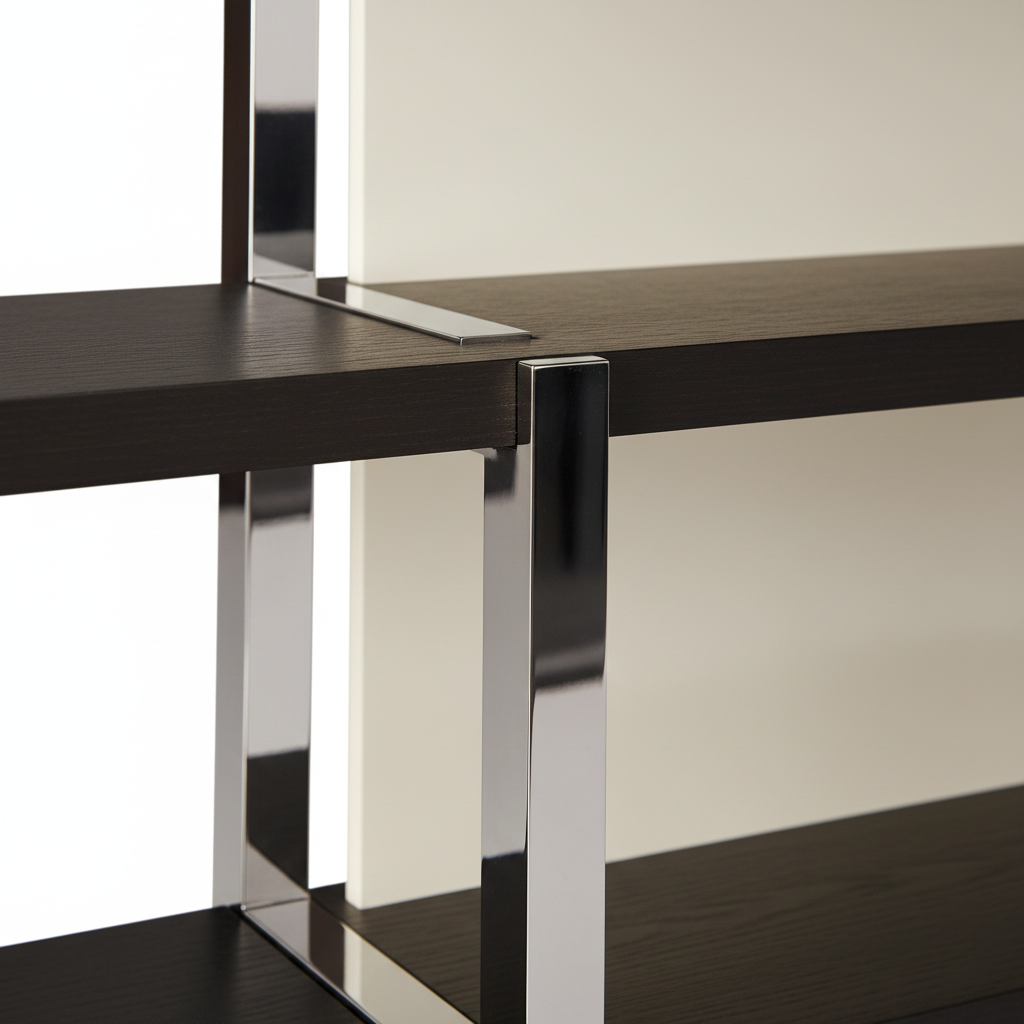 Lumen Étagère close-up of chrome column and espresso shelf junction