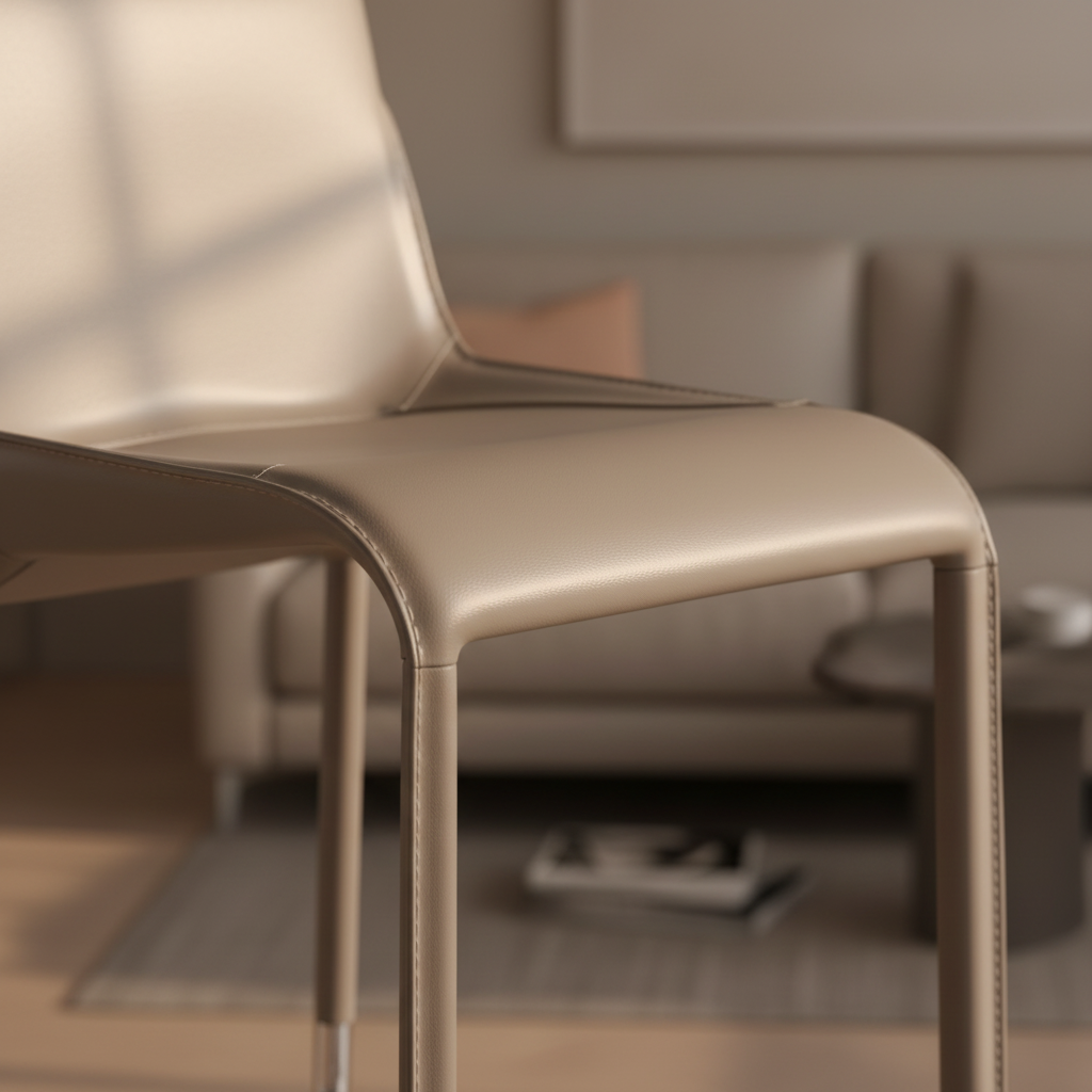 Close-up of taupe leather wrap and organic sculptural detail on Cuoio Bar Stool