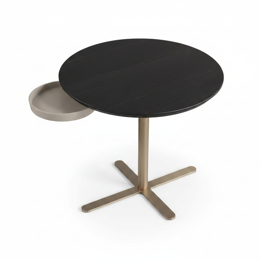 Pario Side Table top view showing black stone top and integrated side tray, white background