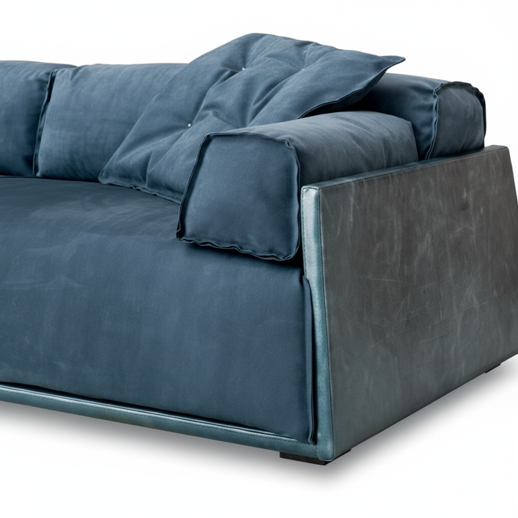 Ferro 4-seater sofa — close-up steel blue leather and charcoal panel detail