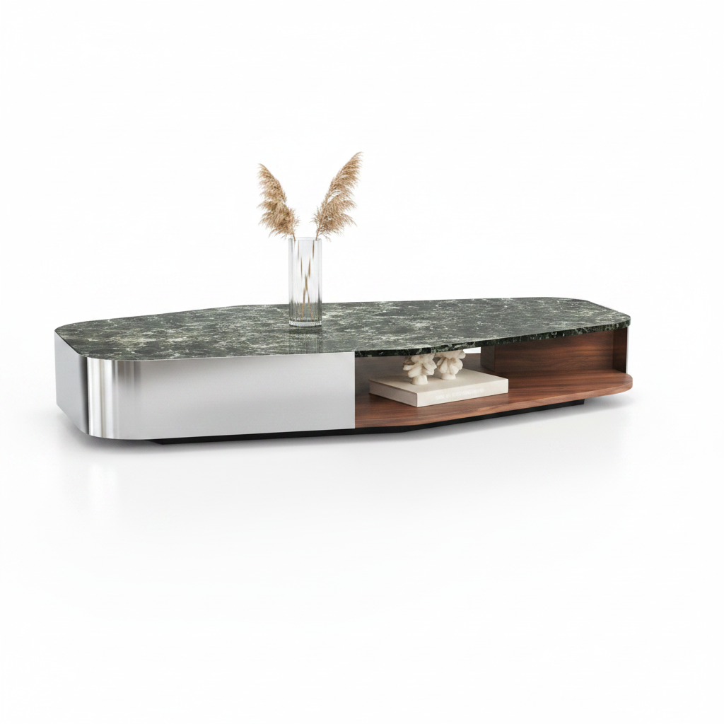 Vela Coffee Table styled with ceramic object on walnut shelf and vase on stone top