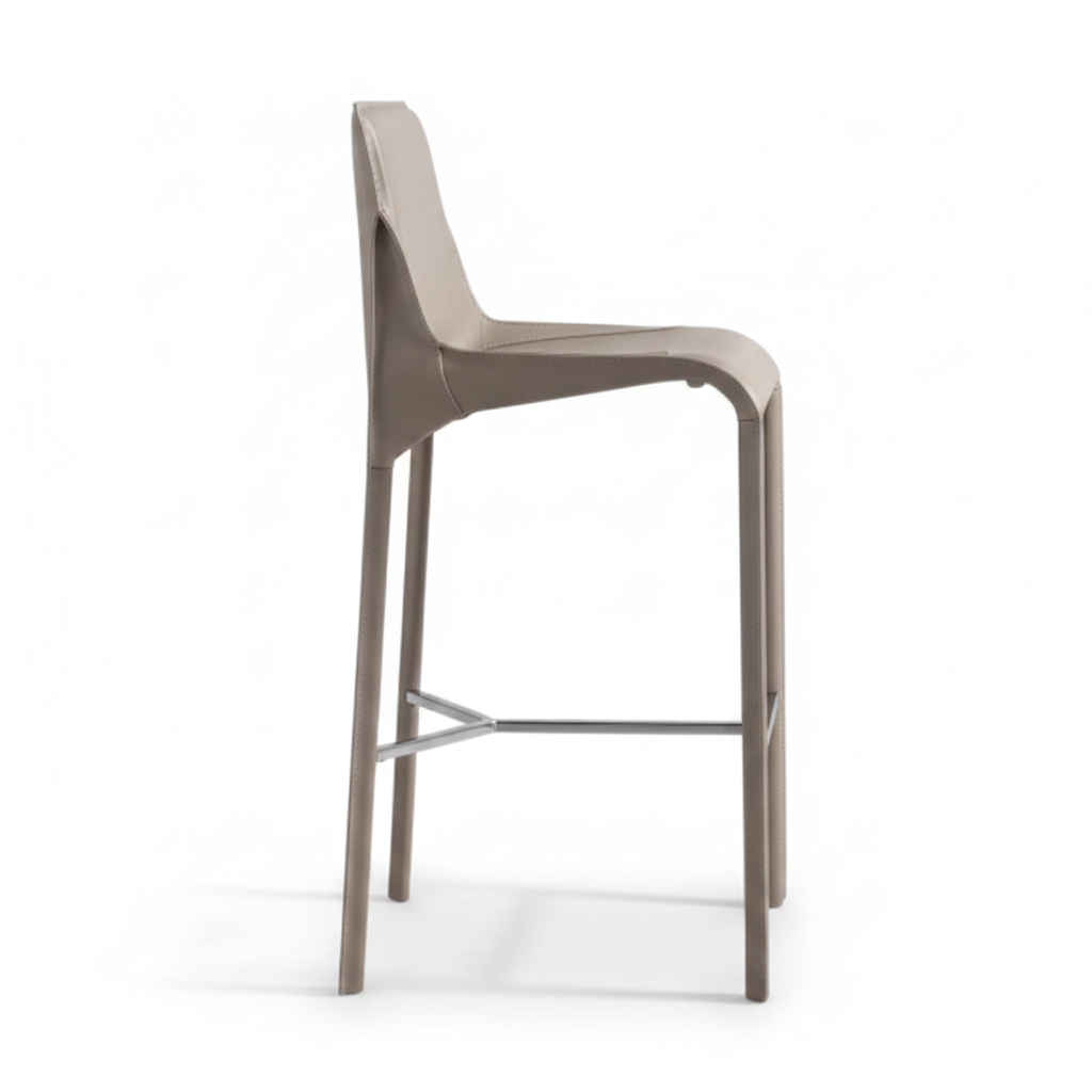 Side view of fully leather-wrapped taupe bar stool showing organic cutout detail