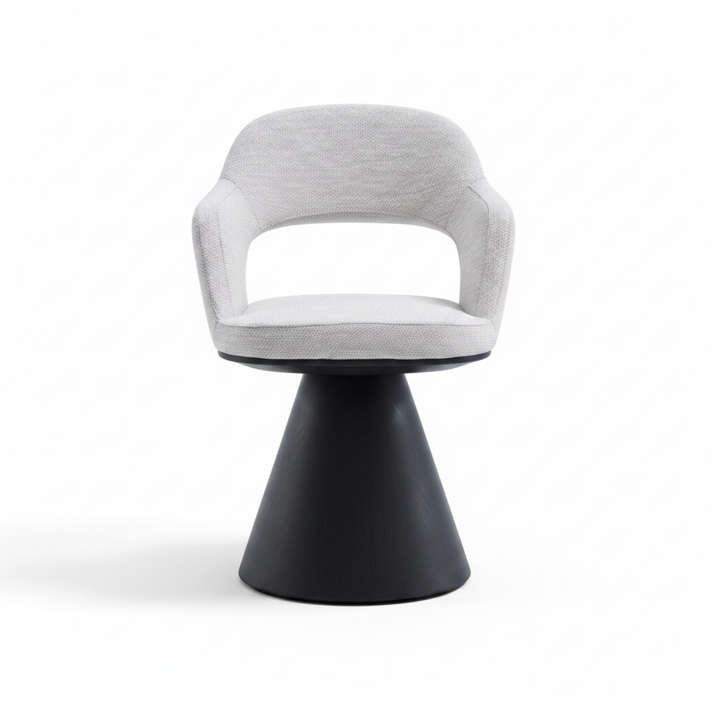 Front-facing studio shot of the Volta Open-Back Dining Armchair in light grey fabric on black cone base
