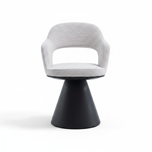 Front-facing studio shot of the Volta Open-Back Dining Armchair in light grey fabric on black cone base