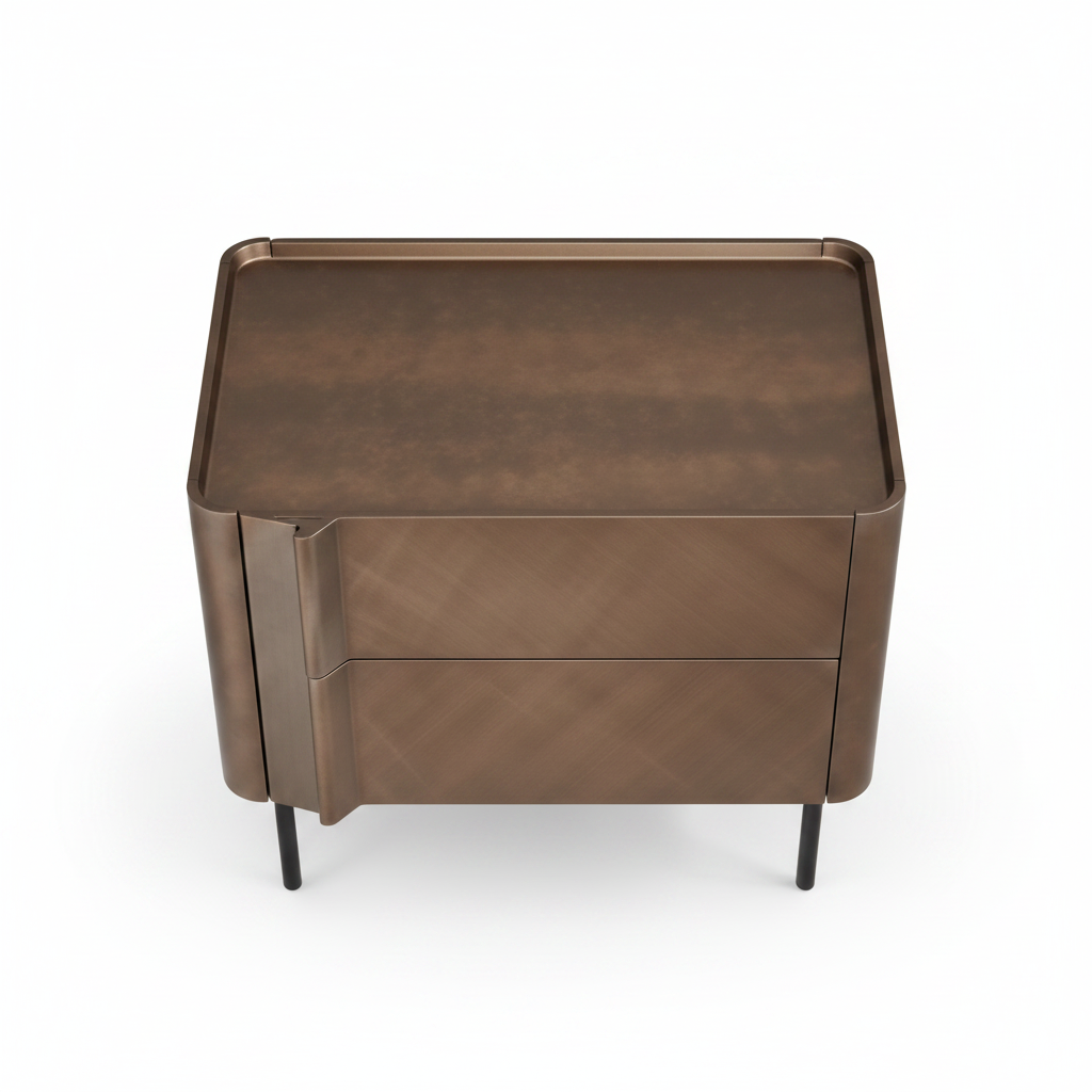 Top view of warm brushed bronze metallic bedside table on black metal legs
