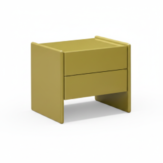 Side view of olive matte lacquer U-shaped slab bedside table showing side panel extending to floor
