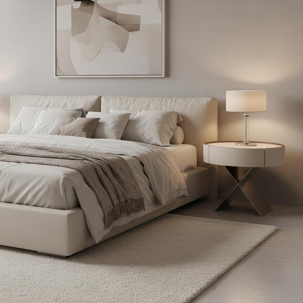 Cream matte cylindrical bedside table on chrome X-base styled in a luxury modern bedroom