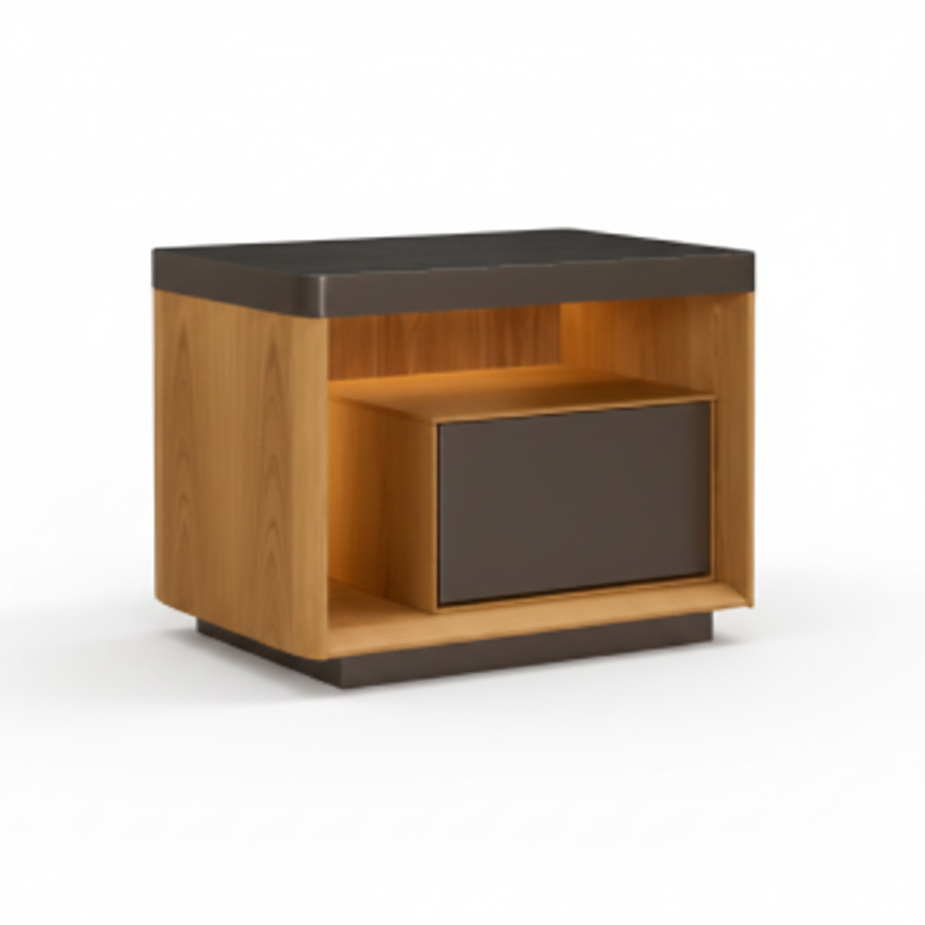 Side view of warm oak bedside table with dark charcoal open shelf and flush drawer