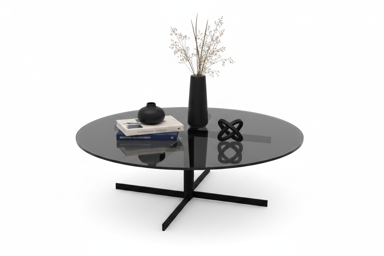 Cruxis Round Smoked Glass Coffee Table styled with accessories