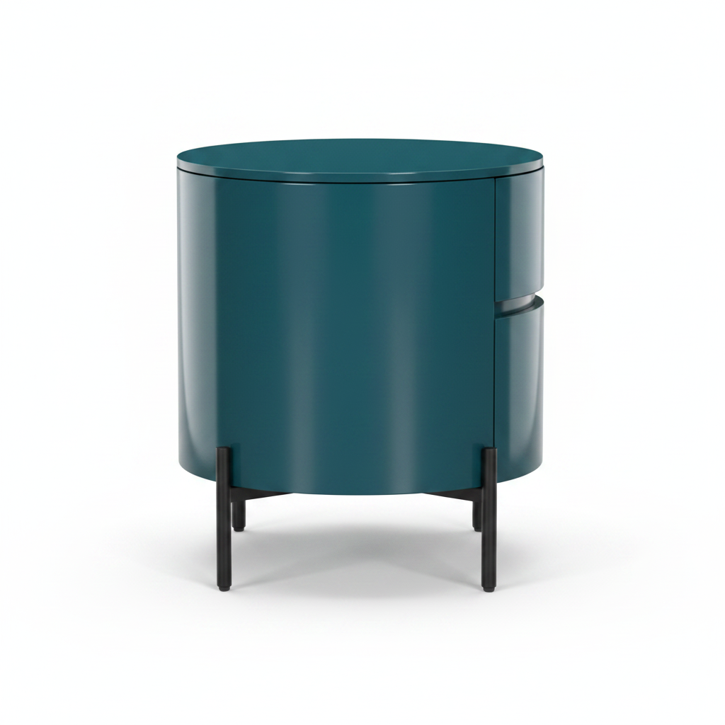 Side view of deep teal lacquer cylindrical bedside table on slim black metal legs