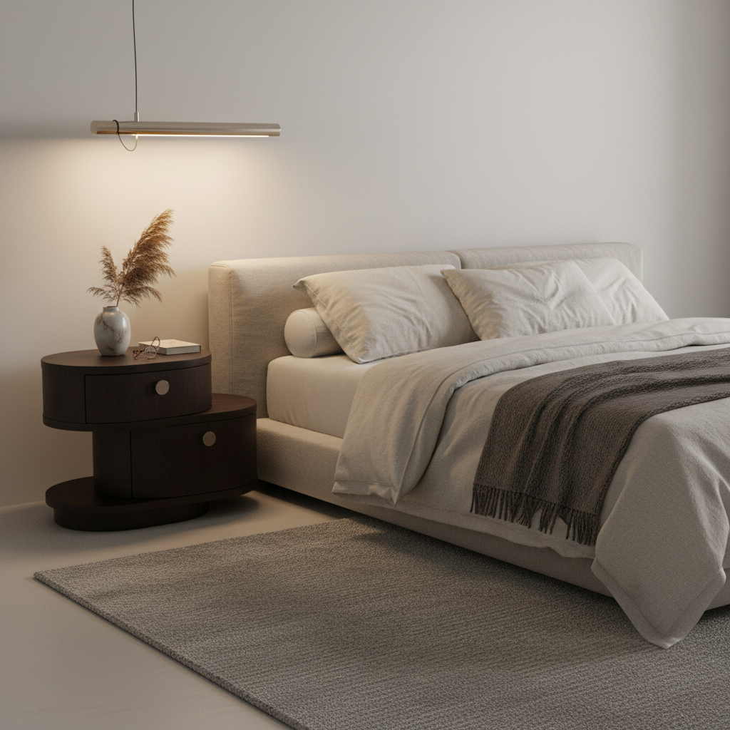 Sculptural rotating disc dark espresso wood bedside table styled in a luxury modern bedroom