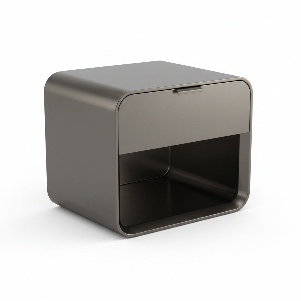 Top view of polished gunmetal stainless steel rounded bedside table showing flush drawer and arch cutout