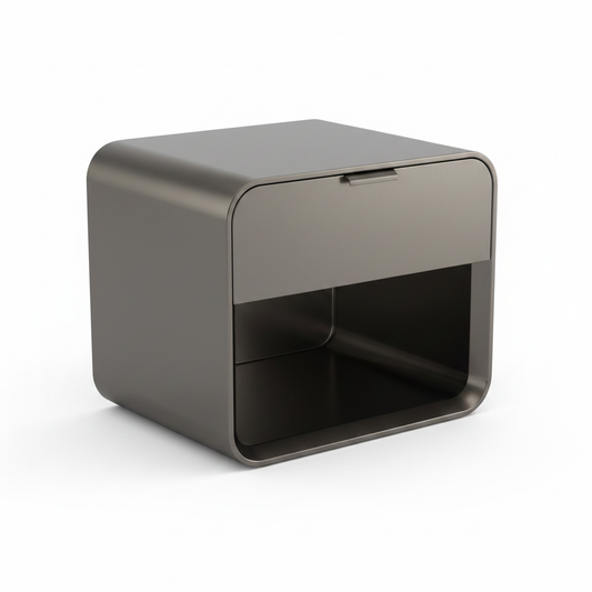 Top view of polished gunmetal stainless steel rounded bedside table showing flush drawer and arch cutout