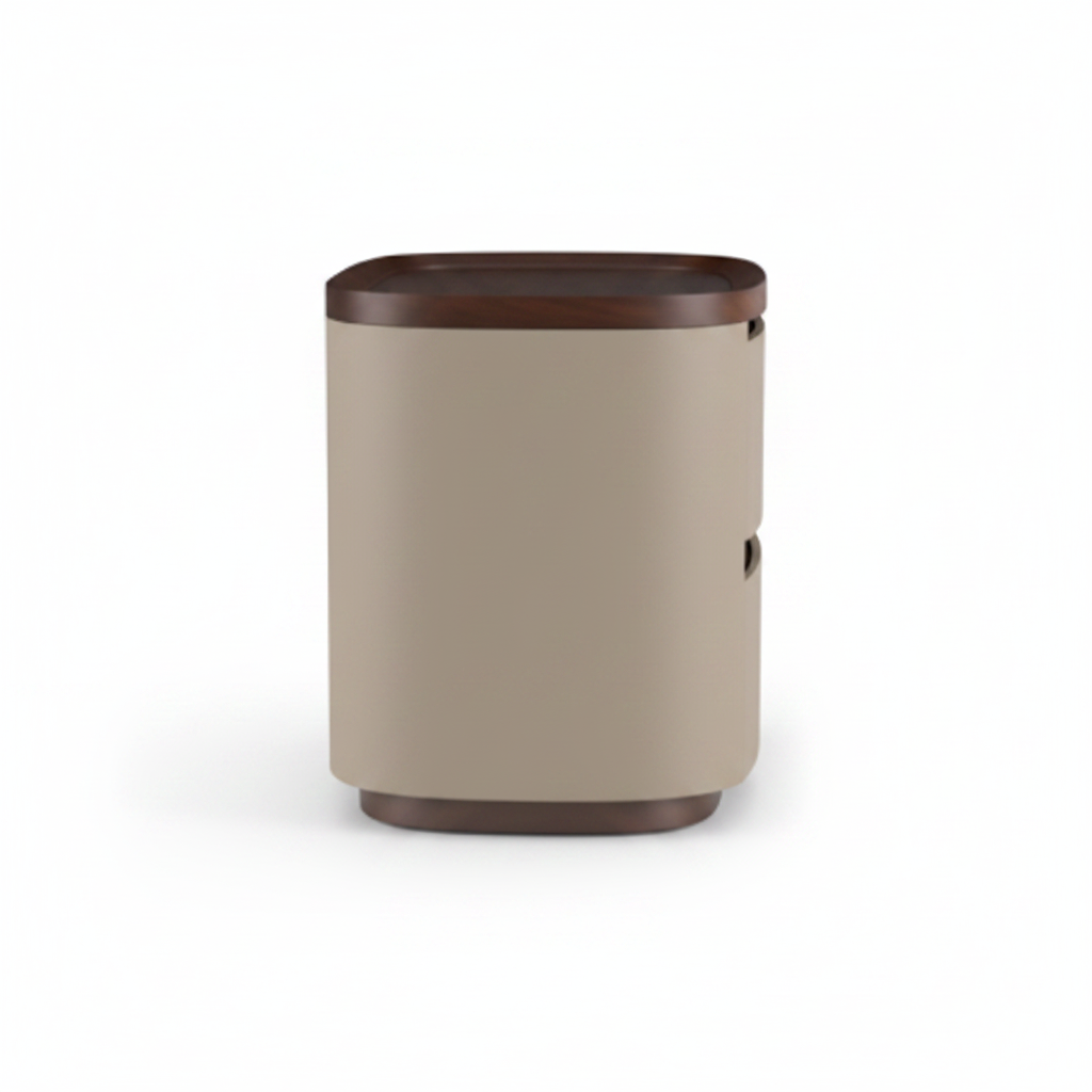 Side view of warm greige matte rounded bedside table with walnut inlay and oval walnut top