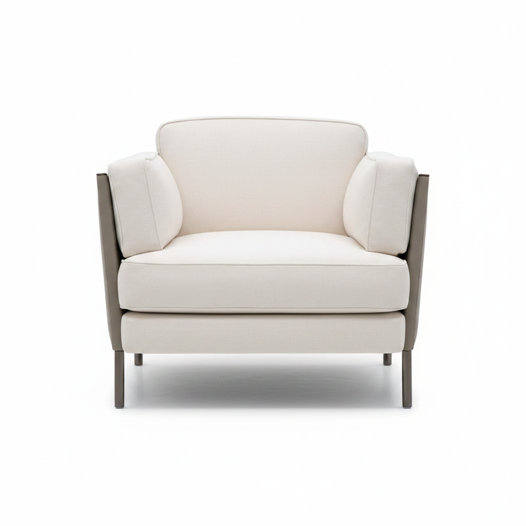 Modern lounge armchair with cream fabric cushions, taupe leather outer panels and gunmetal legs on white background