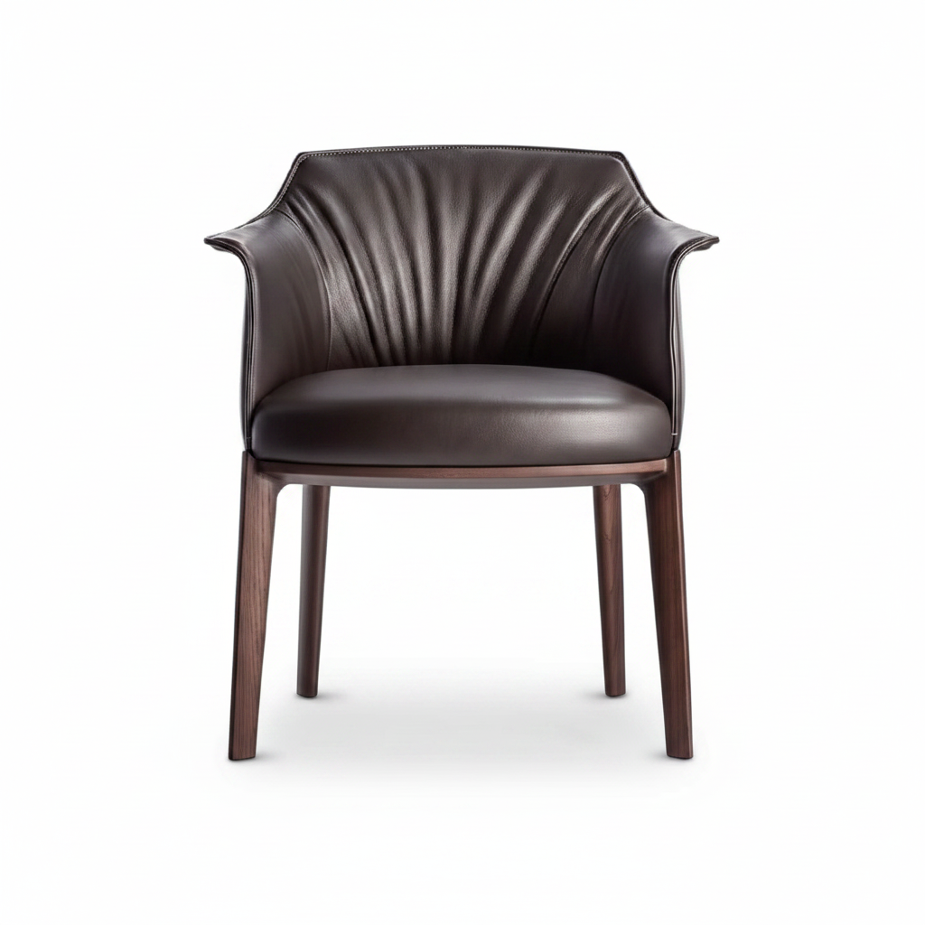 Front-facing studio shot of the Arcadia Dining Armchair in dark chocolate leather with walnut legs