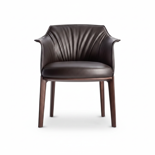 Front-facing studio shot of the Arcadia Dining Armchair in dark chocolate leather with walnut legs