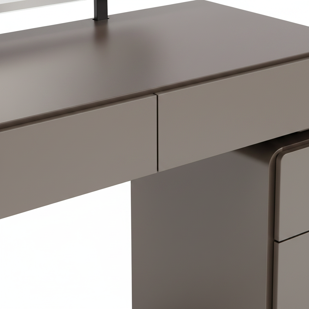 Close-up of taupe lacquer surface, groove drawer pull and gunmetal sled leg detail