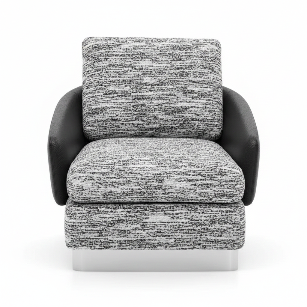Lounge armchair with black and white boucle fabric cushions, matte black leather shell and brushed silver plinth base on white background