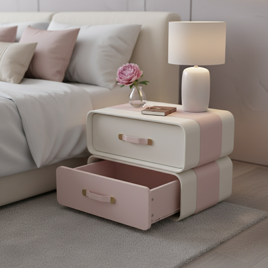 Close-up of cream outer frame and blush pink drawer front with pink bar handle on Scalino Bedside Table