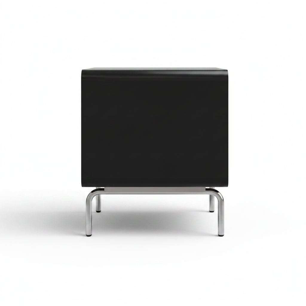 Side view of glossy black bedside table showing curved chrome tubular sled base