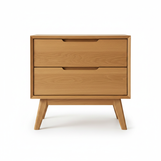 Warm natural oak solid wood two-drawer bedside table with recessed wood handles on angled splayed legs, front view on white background