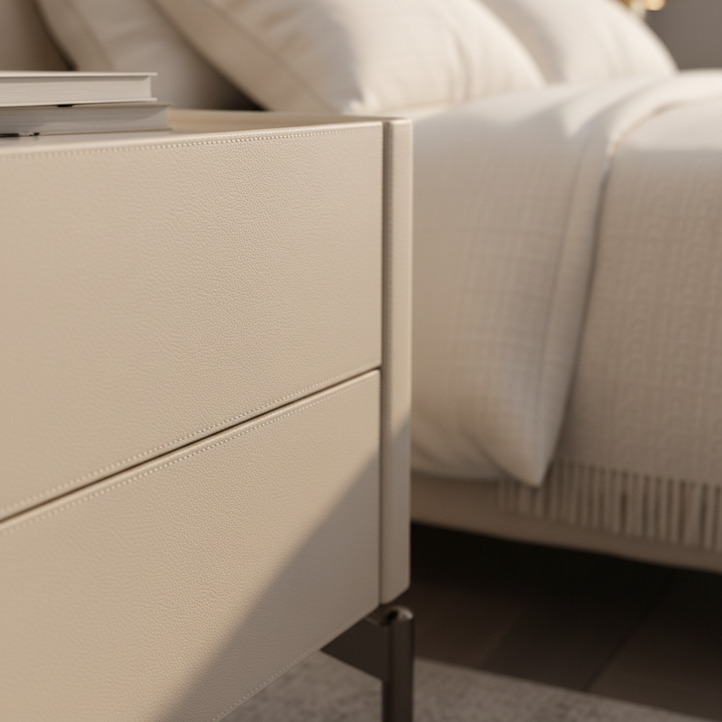 Close-up of cream leather stitching detail and dark gunmetal metal leg on Pelle Bedside Table