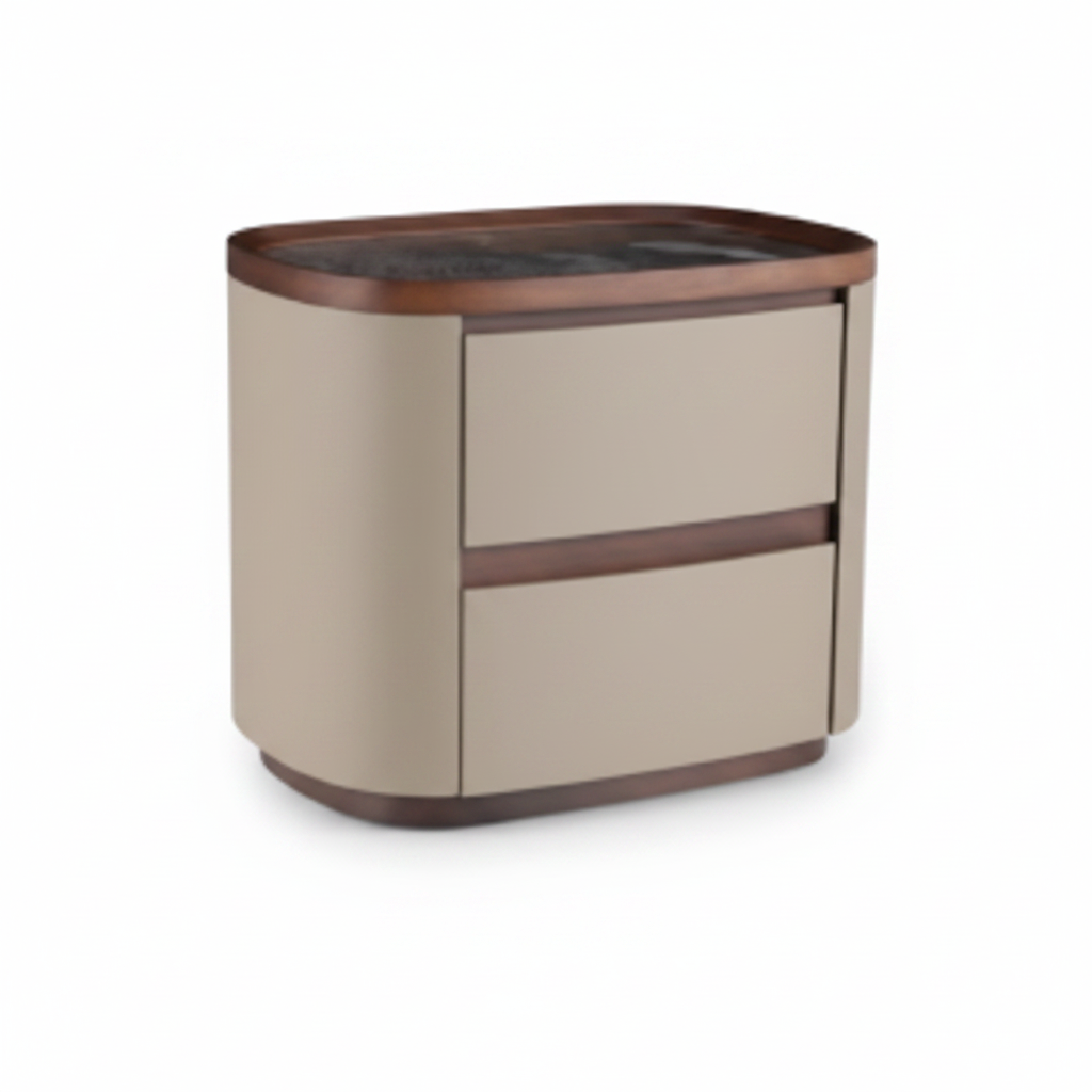 Warm greige sand matte rounded bedside table with walnut inlay strip and oval dark walnut top, front view on white background