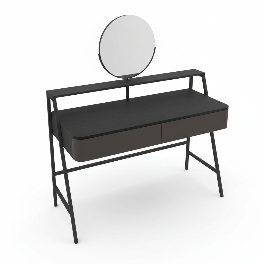 Top view of Atelier dressing table with round mirror