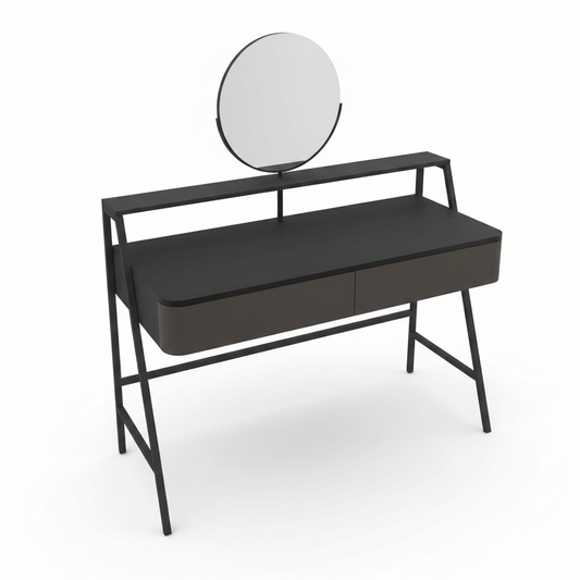 Top view of Atelier dressing table with round mirror