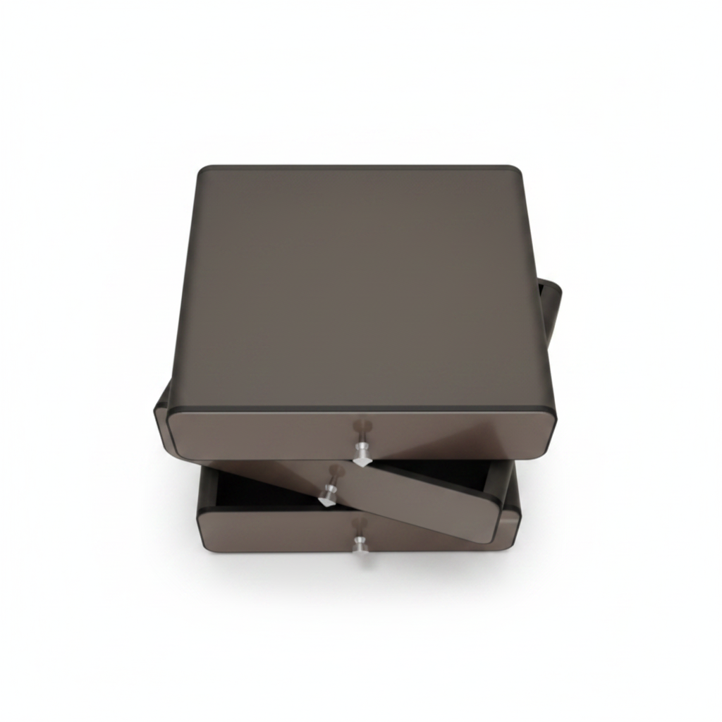 Top view of three stacked drawer dark taupe matte bedside table