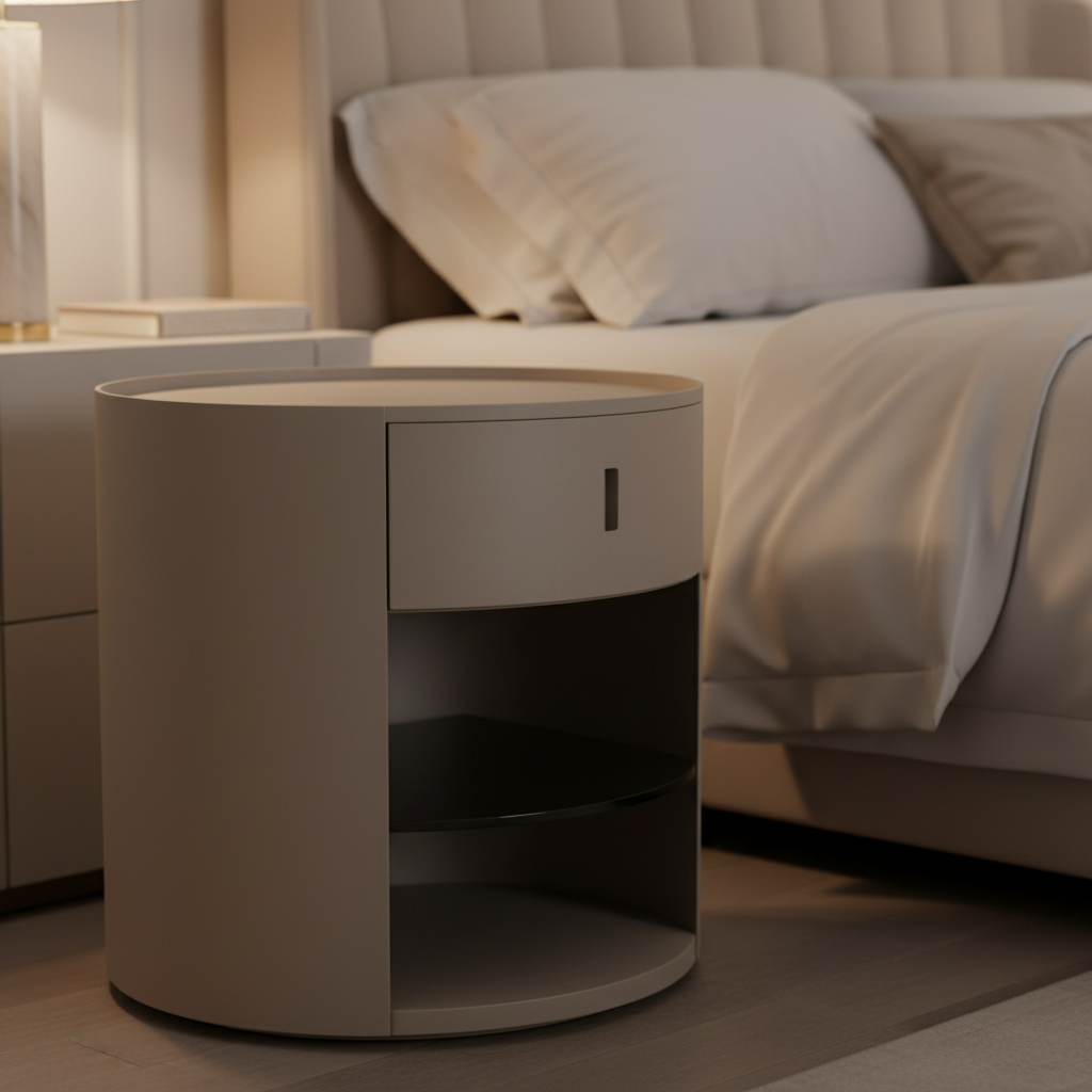 Close-up of warm taupe matte cylindrical surface with slim vertical recessed handle and dark curved shelf interior on Tondo Bedside Table
